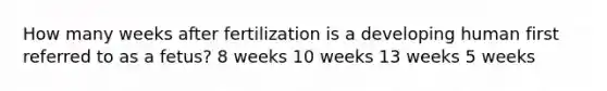 How many weeks after fertilization is a developing human first referred to as a fetus? 8 weeks 10 weeks 13 weeks 5 weeks