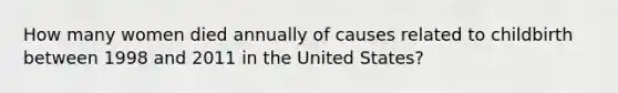 How many women died annually of causes related to childbirth between 1998 and 2011 in the United States?