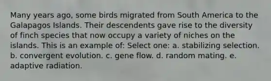 Many years ago, some birds migrated from South America to the Galapagos Islands. Their descendents gave rise to the diversity of finch species that now occupy a variety of niches on the islands. This is an example of: Select one: a. stabilizing selection. b. convergent evolution. c. gene flow. d. random mating. e. adaptive radiation.