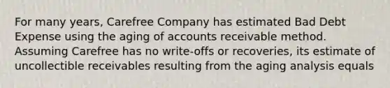 For many years, Carefree Company has estimated Bad Debt Expense using the aging of accounts receivable method. Assuming Carefree has no write-offs or recoveries, its estimate of uncollectible receivables resulting from the aging analysis equals