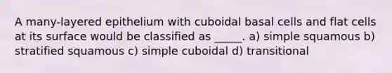 A many-layered epithelium with cuboidal basal cells and flat cells at its surface would be classified as _____. a) simple squamous b) stratified squamous c) simple cuboidal d) transitional