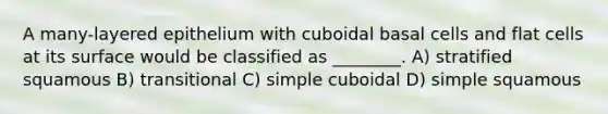 A many-layered epithelium with cuboidal basal cells and flat cells at its surface would be classified as ________. A) stratified squamous B) transitional C) simple cuboidal D) simple squamous