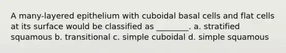 A many-layered epithelium with cuboidal basal cells and flat cells at its surface would be classified as ________. a. stratified squamous b. transitional c. simple cuboidal d. simple squamous