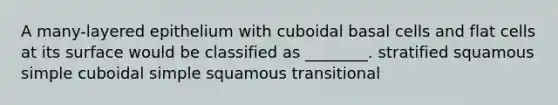 A many-layered epithelium with cuboidal basal cells and flat cells at its surface would be classified as ________. stratified squamous simple cuboidal simple squamous transitional