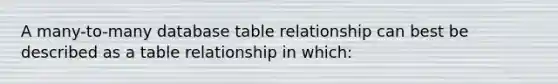 A many-to-many database table relationship can best be described as a table relationship in which: