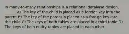 In many-to-many relationships in a relational database design, ______ A) The key of the child is placed as a foreign key into the parent B) The key of the parent is placed as a foreign key into the child C) The keys of both tables are placed in a third table D) The keys of both entity tables are placed in each other