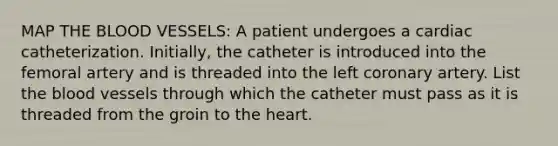 MAP THE BLOOD VESSELS: A patient undergoes a cardiac catheterization. Initially, the catheter is introduced into the femoral artery and is threaded into the left coronary artery. List the blood vessels through which the catheter must pass as it is threaded from the groin to the heart.