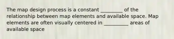 The map design process is a constant _________ of the relationship between map elements and available space. Map elements are often visually centered in __________ areas of available space