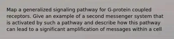 Map a generalized signaling pathway for G-protein coupled receptors. Give an example of a second messenger system that is activated by such a pathway and describe how this pathway can lead to a significant amplification of messages within a cell