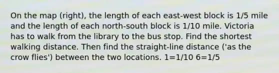 On the map​ (right), the length of each​ east-west block is 1/5 mile and the length of each​ north-south block is 1/10 mile. Victoria has to walk from the library to the bus stop. Find the shortest walking distance. Then find the​ straight-line distance​ ('as the crow​ flies') between the two locations. 1=1/10 6=1/5