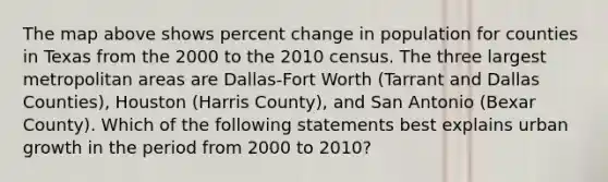 The map above shows percent change in population for counties in Texas from the 2000 to the 2010 census. The three largest metropolitan areas are Dallas-Fort Worth (Tarrant and Dallas Counties), Houston (Harris County), and San Antonio (Bexar County). Which of the following statements best explains urban growth in the period from 2000 to 2010?