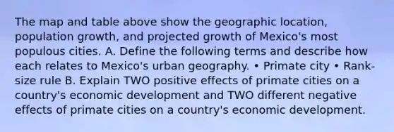 The map and table above show the geographic location, population growth, and projected growth of Mexico's most populous cities. A. Define the following terms and describe how each relates to Mexico's urban geography. • Primate city • Rank-size rule B. Explain TWO positive effects of primate cities on a country's economic development and TWO different negative effects of primate cities on a country's economic development.