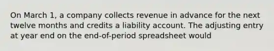 On March 1, a company collects revenue in advance for the next twelve months and credits a liability account. The adjusting entry at year end on the end-of-period spreadsheet would