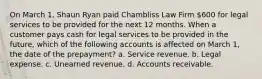 On March 1, Shaun Ryan paid Chambliss Law Firm 600 for legal services to be provided for the next 12 months. When a customer pays cash for legal services to be provided in the future, which of the following accounts is affected on March 1, the date of the prepayment? a. Service revenue. b. Legal expense. c. Unearned revenue. d. Accounts receivable.