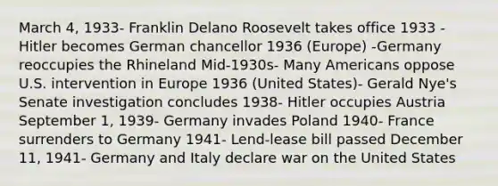 March 4, 1933- Franklin Delano Roosevelt takes office 1933 -Hitler becomes German chancellor 1936 (Europe) -Germany reoccupies the Rhineland Mid-1930s- Many Americans oppose U.S. intervention in Europe 1936 (United States)- Gerald Nye's Senate investigation concludes 1938- Hitler occupies Austria September 1, 1939- Germany invades Poland 1940- France surrenders to Germany 1941- Lend-lease bill passed December 11, 1941- Germany and Italy declare war on the United States