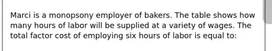 Marci is a monopsony employer of bakers. The table shows how many hours of labor will be supplied at a variety of wages. The total factor cost of employing six hours of labor is equal to: