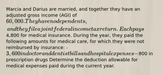 Marcia and Darius are married, and together they have an adjusted gross income (AGI) of 60,000. They have no dependents, and they file a joint federal income tax return. Each pays4,800 for medical insurance. During the year, they paid the following amounts for medical care, for which they were not reimbursed by insurance: -3,600 in doctor and dentist bills and hospital expenses -800 in prescription drugs Determine the deduction allowable for medical expenses paid during the current year.