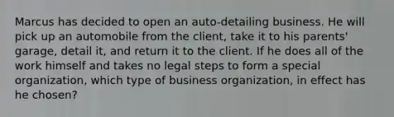 Marcus has decided to open an auto-detailing business. He will pick up an automobile from the client, take it to his parents' garage, detail it, and return it to the client. If he does all of the work himself and takes no legal steps to form a special organization, which type of business organization, in effect has he chosen?