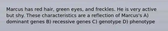 Marcus has red hair, green eyes, and freckles. He is very active but shy. These characteristics are a reflection of Marcus's A) dominant genes B) recessive genes C) genotype D) phenotype