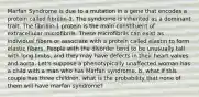 Marfan Syndrome is due to a mutation in a gene that encodes a protein called fibrillin-1. The syndrome is inherited as a dominant trait. The fibrillin-1 protein is the main constituent of extracellular microfibrils. These microfibrils can exist as individual fibers or associate with a protein called elastin to form elastic fibers. People with the disorder tend to be unusually tall with long limbs, and they may have defects in their heart valves and aorta. Let's suppose a phenotypically unaffected woman has a child with a man who has Marfan syndrome. b. what if this couple has three children, what is the probability that none of them will have marfan syndrome?