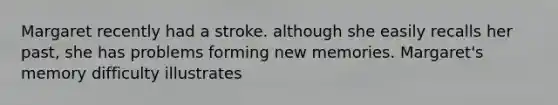 Margaret recently had a stroke. although she easily recalls her past, she has problems forming new memories. Margaret's memory difficulty illustrates