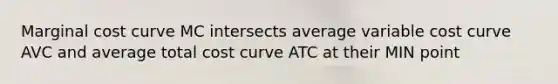 Marginal cost curve MC intersects average variable cost curve AVC and average total cost curve ATC at their MIN point