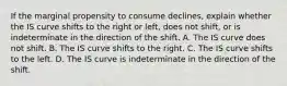 If the marginal propensity to consume declines​, explain whether the IS curve shifts to the right or​ left, does not​ shift, or is indeterminate in the direction of the shift. A. The IS curve does not shift. B. The IS curve shifts to the right. C. The IS curve shifts to the left. D. The IS curve is indeterminate in the direction of the shift.