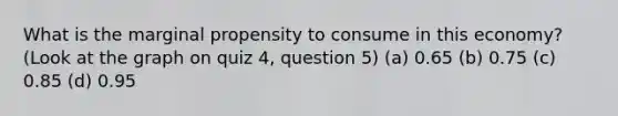 What is the marginal propensity to consume in this economy? (Look at the graph on quiz 4, question 5) (a) 0.65 (b) 0.75 (c) 0.85 (d) 0.95