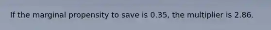 If the marginal propensity to save is​ 0.35, the multiplier is 2.86.