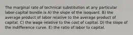 The marginal rate of technical substitution at any particular labor-capital bundle is A) the slope of the isoquant. B) the average product of labor relative to the average product of capital. C) the wage relative to the cost of capital. D) the slope of the indifference curve. E) the ratio of labor to capital.