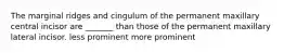 The marginal ridges and cingulum of the permanent maxillary central incisor are _______ than those of the permanent maxillary lateral incisor. less prominent more prominent