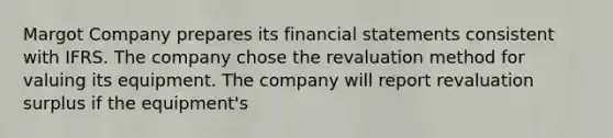 Margot Company prepares its financial statements consistent with IFRS. The company chose the revaluation method for valuing its equipment. The company will report revaluation surplus if the equipment's