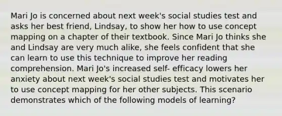 Mari Jo is concerned about next week's social studies test and asks her best friend, Lindsay, to show her how to use concept mapping on a chapter of their textbook. Since Mari Jo thinks she and Lindsay are very much alike, she feels confident that she can learn to use this technique to improve her reading comprehension. Mari Jo's increased self- efficacy lowers her anxiety about next week's social studies test and motivates her to use concept mapping for her other subjects. This scenario demonstrates which of the following models of learning?