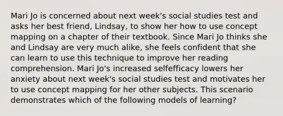 Mari Jo is concerned about next week's social studies test and asks her best friend, Lindsay, to show her how to use concept mapping on a chapter of their textbook. Since Mari Jo thinks she and Lindsay are very much alike, she feels confident that she can learn to use this technique to improve her reading comprehension. Mari Jo's increased selfefficacy lowers her anxiety about next week's social studies test and motivates her to use concept mapping for her other subjects. This scenario demonstrates which of the following models of learning?