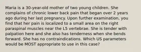 Maria is a 30-year-old mother of two young children. She complains of chronic lower back pain that began over 2 years ago during her last pregnancy. Upon further examination, you find that her pain is localized to a small area on the right paraspinal muscles near the L5 vertebrae. She is tender with palpation here and she also has tenderness when she bends forward. She has no contraindications. Which US parameters would be MOST appropriate to use in this case?