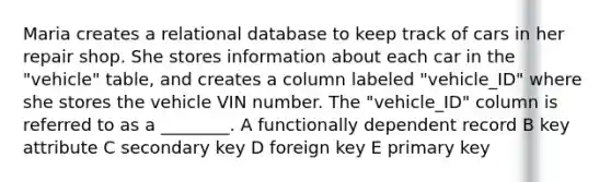 Maria creates a relational database to keep track of cars in her repair shop. She stores information about each car in the "vehicle" table, and creates a column labeled "vehicle_ID" where she stores the vehicle VIN number. The "vehicle_ID" column is referred to as a ________. A functionally dependent record B key attribute C secondary key D foreign key E primary key