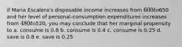 if Maria Escalera's disposable income increases from 600 to650 and her level of personal-consumption expenditures increases from 480 to520, you may conclude that her marginal propensity to a. consume is 0.8 b. consume is 0.4 c. consume is 0.25 d. save is 0.8 e. save is 0.25