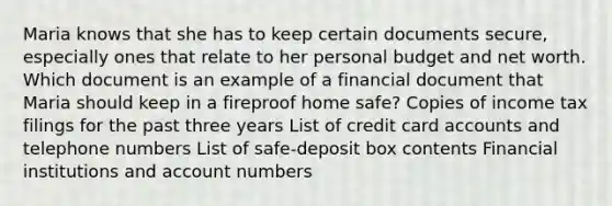 Maria knows that she has to keep certain documents secure, especially ones that relate to her personal budget and net worth. Which document is an example of a financial document that Maria should keep in a fireproof home safe? Copies of income tax filings for the past three years List of credit card accounts and telephone numbers List of safe-deposit box contents Financial institutions and account numbers