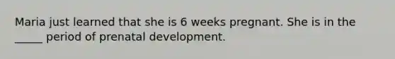 Maria just learned that she is 6 weeks pregnant. She is in the _____ period of prenatal development.