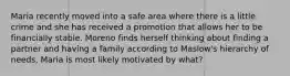 Maria recently moved into a safe area where there is a little crime and she has received a promotion that allows her to be financially stable. Moreno finds herself thinking about finding a partner and having a family according to Maslow's hierarchy of needs, Maria is most likely motivated by what?