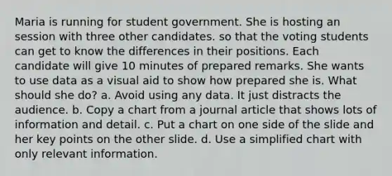 Maria is running for student government. She is hosting an session with three other candidates. so that the voting students can get to know the differences in their positions. Each candidate will give 10 minutes of prepared remarks. She wants to use data as a visual aid to show how prepared she is. What should she do? a. Avoid using any data. It just distracts the audience. b. Copy a chart from a journal article that shows lots of information and detail. c. Put a chart on one side of the slide and her key points on the other slide. d. Use a simplified chart with only relevant information.