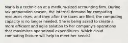 Maria is a technician at a medium-sized accounting firm. During tax preparation season, the internal demand for computing resources rises, and then after the taxes are filed, the computing capacity is no longer needed. She is being asked to create a more efficient and agile solution to her company's operations that maximizes operational expenditures. Which cloud computing feature will help to meet her needs?