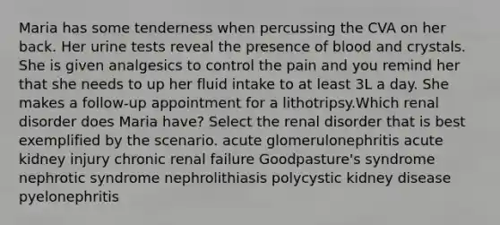 Maria has some tenderness when percussing the CVA on her back. Her urine tests reveal the presence of blood and crystals. She is given analgesics to control the pain and you remind her that she needs to up her fluid intake to at least 3L a day. She makes a follow-up appointment for a lithotripsy.Which renal disorder does Maria have? Select the renal disorder that is best exemplified by the scenario. acute glomerulonephritis acute kidney injury chronic renal failure Goodpasture's syndrome nephrotic syndrome nephrolithiasis polycystic kidney disease pyelonephritis