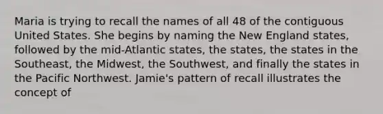 Maria is trying to recall the names of all 48 of the contiguous United States. She begins by naming the New England states, followed by the mid-Atlantic states, the states, the states in the Southeast, the Midwest, the Southwest, and finally the states in the Pacific Northwest. Jamie's pattern of recall illustrates the concept of