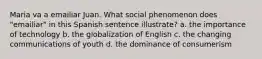 Maria va a emailiar Juan. What social phenomenon does "emailiar" in this Spanish sentence illustrate? a. the importance of technology b. the globalization of English c. the changing communications of youth d. the dominance of consumerism