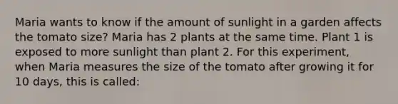 Maria wants to know if the amount of sunlight in a garden affects the tomato size? Maria has 2 plants at the same time. Plant 1 is exposed to more sunlight than plant 2. For this experiment, when Maria measures the size of the tomato after growing it for 10 days, this is called: