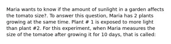 Maria wants to know if the amount of sunlight in a garden affects the tomato size?. To answer this question, Maria has 2 plants growing at the same time. Plant # 1 is exposed to more light than plant #2. For this experiment, when Maria measures the size of the tomatoe after growing it for 10 days, that is called: