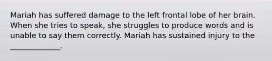 Mariah has suffered damage to the left frontal lobe of her brain. When she tries to speak, she struggles to produce words and is unable to say them correctly. Mariah has sustained injury to the _____________.