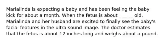 Marialinda is expecting a baby and has been feeling the baby kick for about a month. When the fetus is about ______ old, Marialinda and her husband are excited to finally see the baby's facial features in the ultra sound image. The doctor estimates that the fetus is about 12 inches long and weighs about a pound.