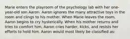 Marie enters the playroom of the psychology lab with her one-year-old son Aaron. Aaron ignores the many attractive toys in the room and clings to his mother. When Marie leaves the room, Aaron begins to cry hysterically. When his mother returns and tries to comfort him, Aaron cries harder, kicks, and resists her efforts to hold him. Aaron would most likely be classified as: